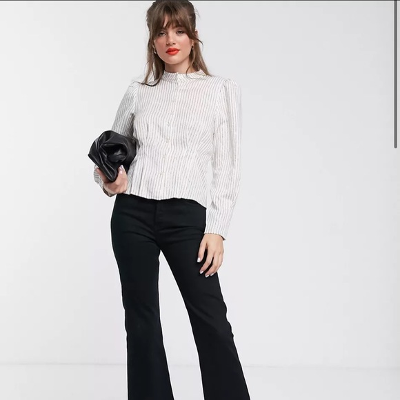 & Other Stories metallic stripe puff sleeve high-neck blouse in white - Picture 6 of 6